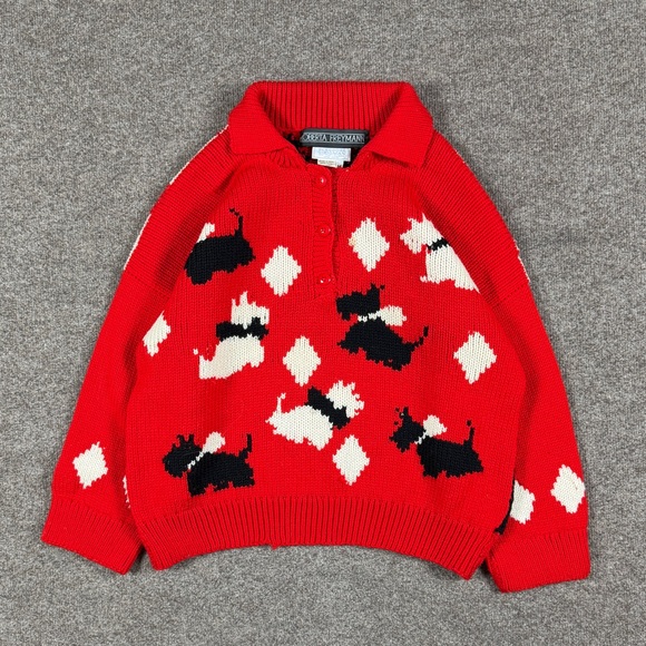 Roberta Freymann 100% Wool Scottie Dog Argyle Knit Collared Polo Sweater Women M